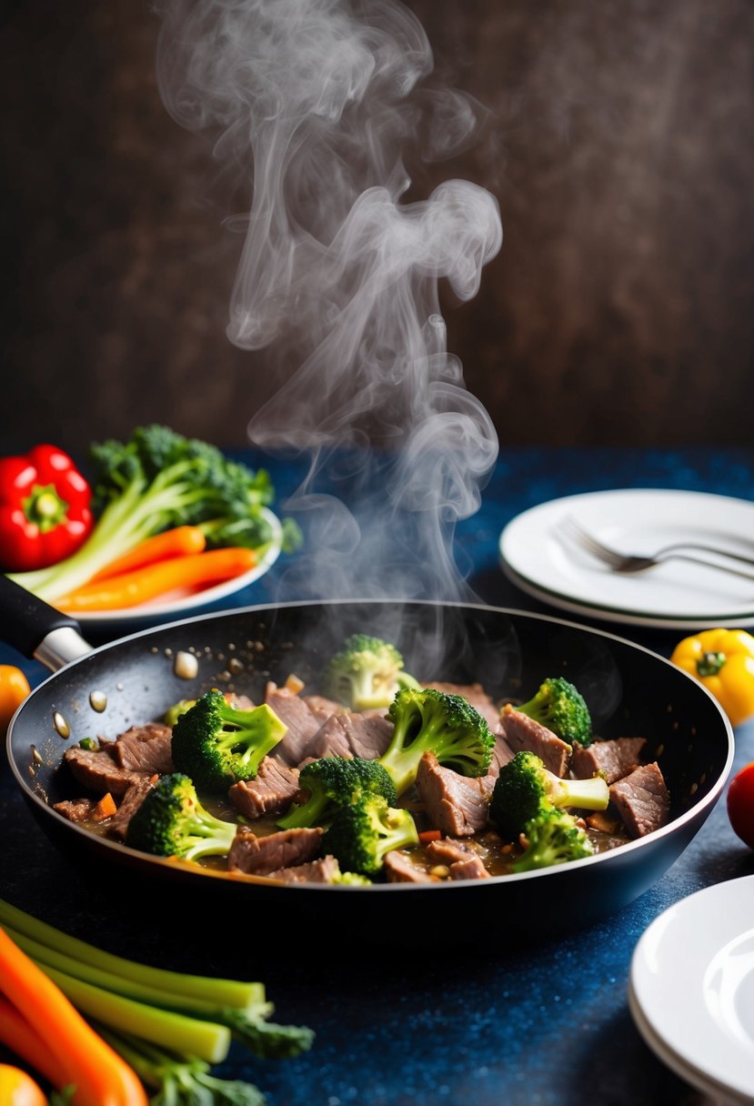 A sizzling skillet with beef and broccoli stir-fry, steam rising, surrounded by colorful vegetables and a pair of dinner plates